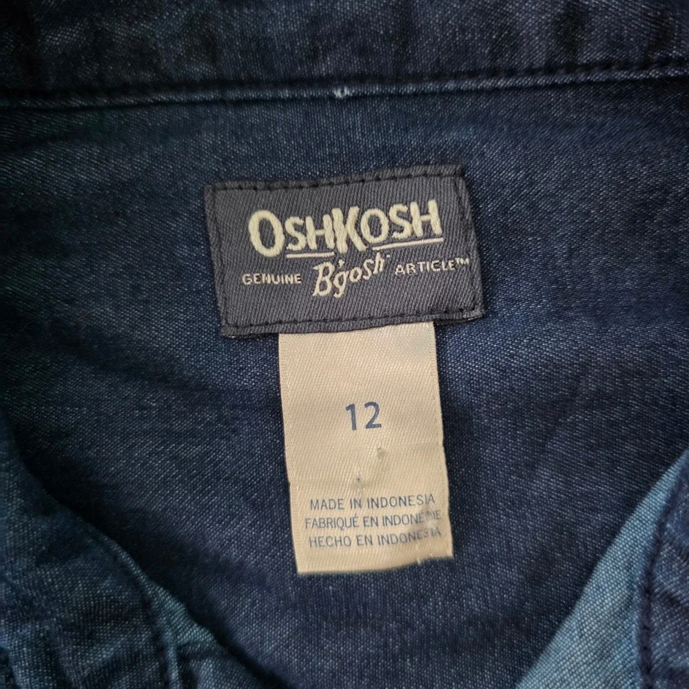 OshKosh Bgosh Boys Dark Wash Denim Button Down Shirt Long Sleeve Size 12 Indigo